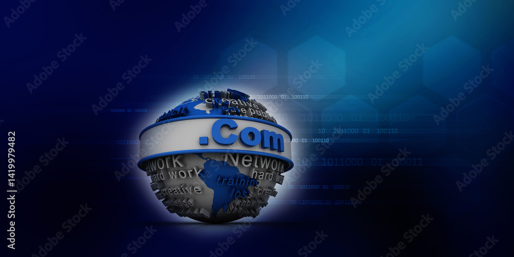 Poster 3d illustration globe with word dot com