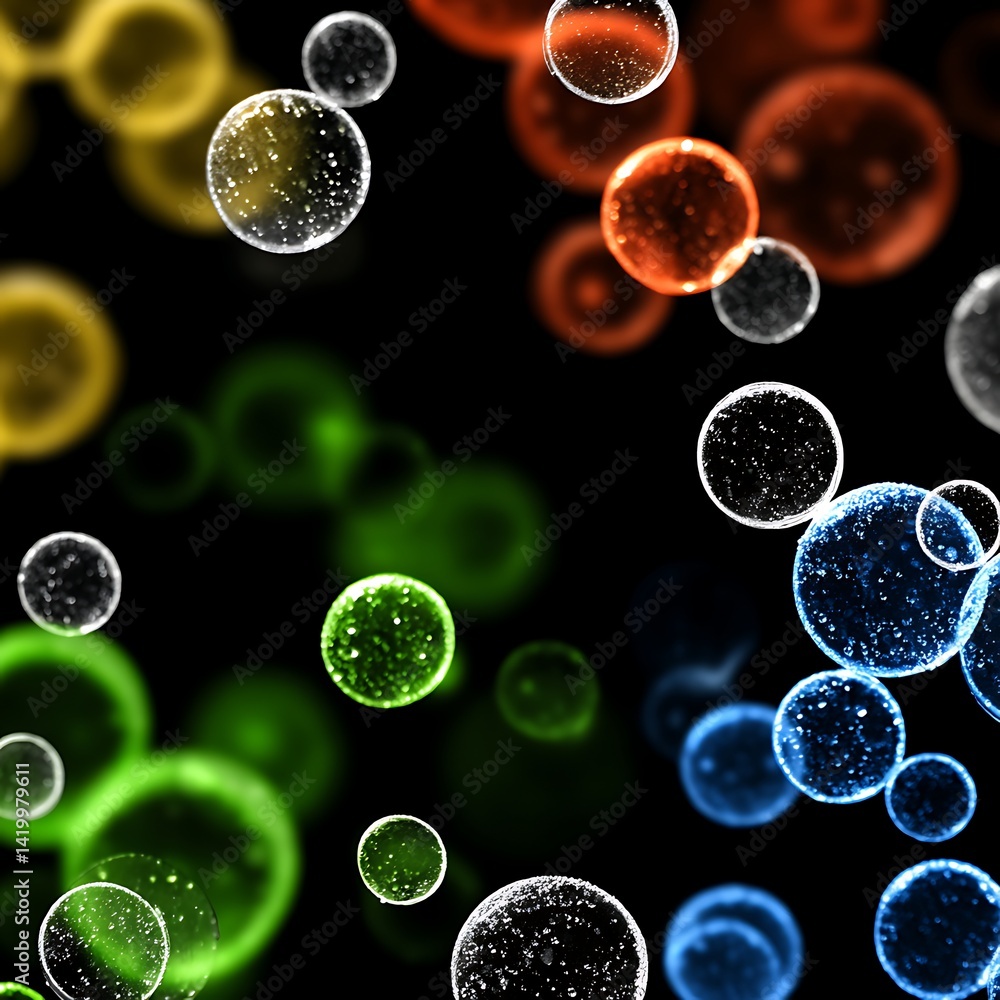 Poster abstract spherical orbs composition visualizing floating light elements in deep black backdrop space