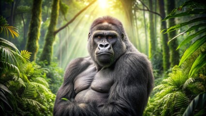 Obraz premium A powerful gorilla, majestic and serene, sits amidst the lush, verdant foliage of a tropical rainforest, bathed in the warm glow of sunlight filtering through the dense canopy.
