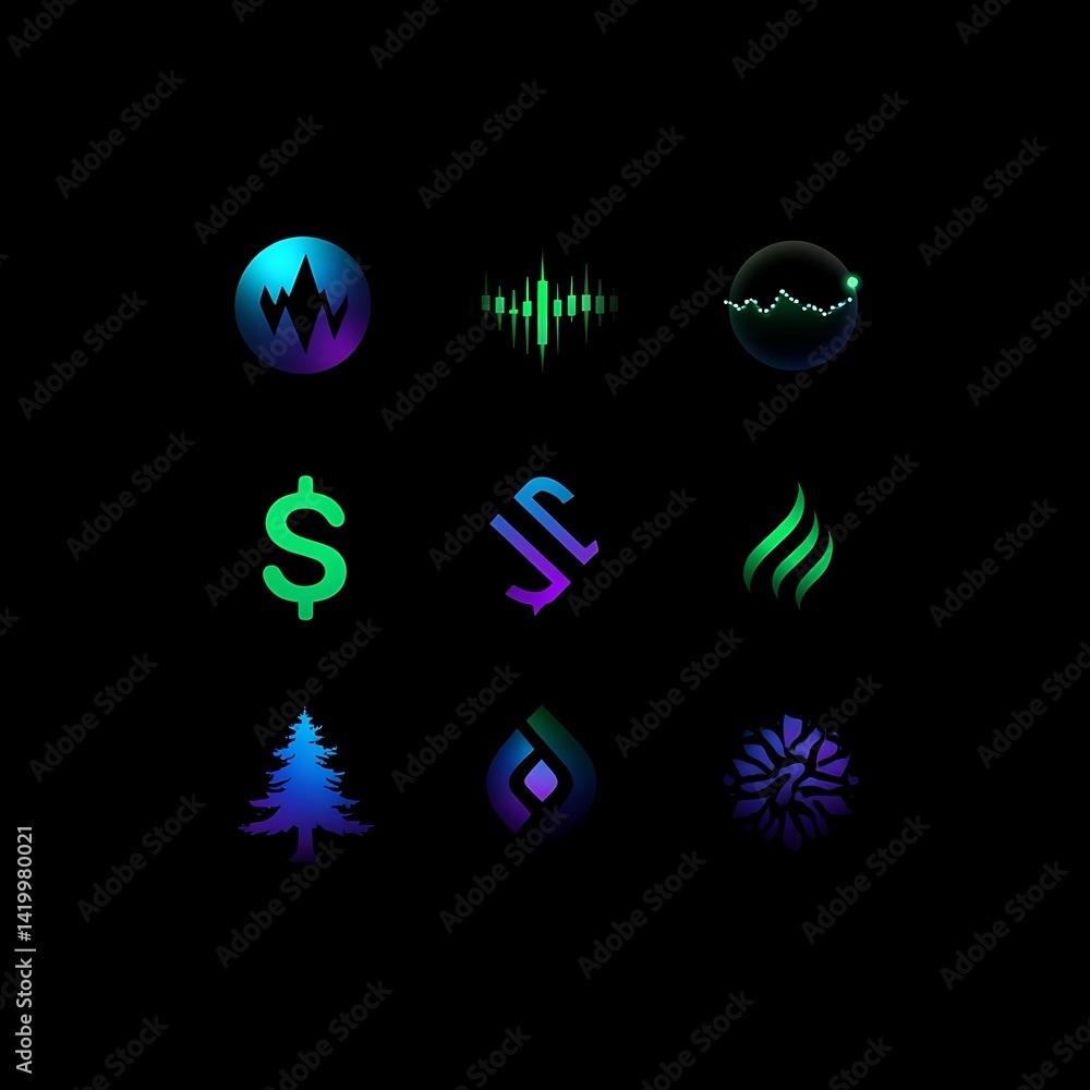 Poster abstract symbols array in neon color gradient design on a black background unique collection set