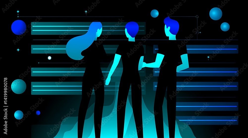 Poster abstract teamwork concept with three figures in a digital environment with data streams.