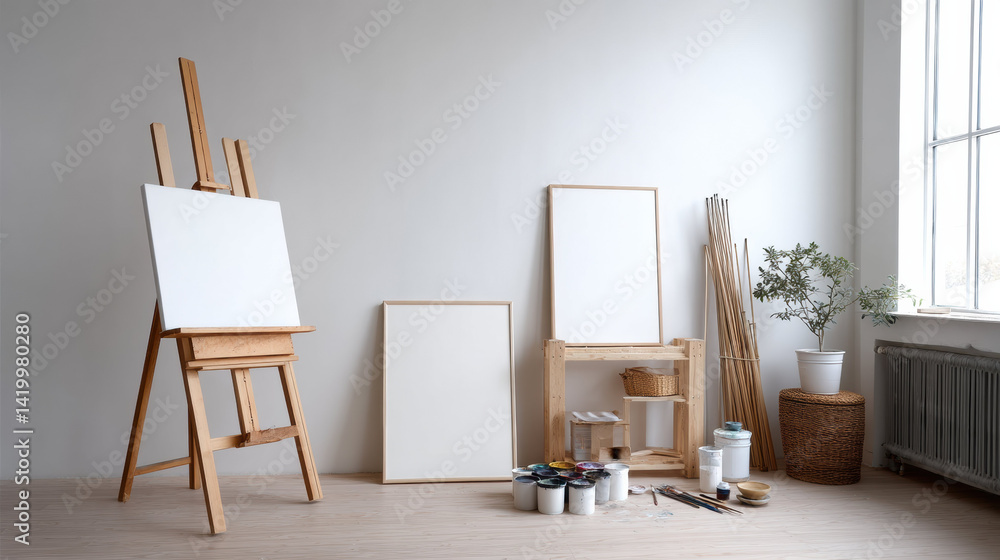 Poster Frame and canvas for photo mockup in bright artist studio with painting supplies and natural light creating calm creative atmosphere for art display or design presentation