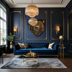 Living room with a royal blue velvet sofa, black and gold decor, and elegant light fixtures