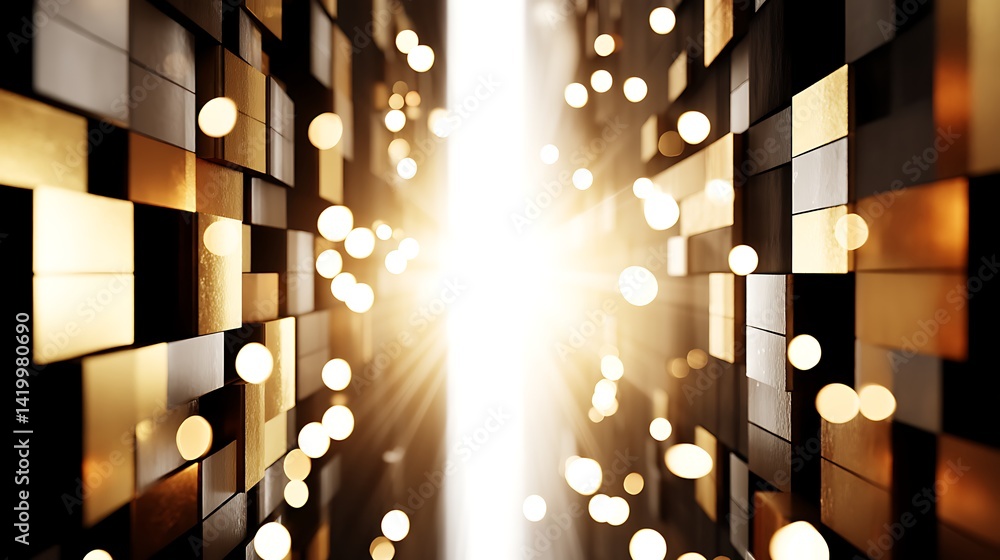 Poster abstract tunnel of illuminated rectangles and spheres radiating light and warmth of a glow