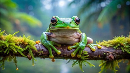 Obraz premium Vibrant Green Tree Frog Perched on Mossy Branch in Lush Forest Habitat