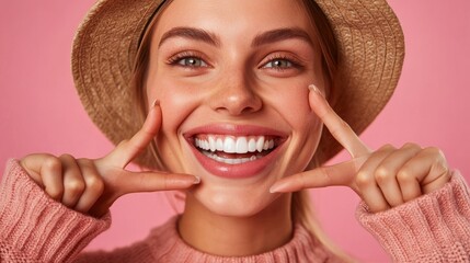Look at my shining smile. Positive fair haired European woman points at her white teeth smiles broadly wears fashionable panama and casual jumper isolated over pink background has happy mood