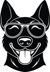 head of dog, angry dog illustration, vector illustration of a dog, sitting dog silhouette icon, black and white dog, dog head vector, funny sunglass wearing dog on white background.