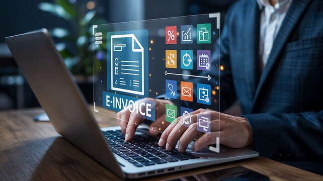 E-invoice and online digital statements concept. Businessman working with digital invoice management system on laptop.