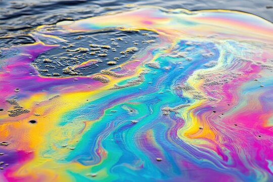 Oil slick on water displays vibrant colors and textures.