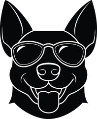 head of dog, angry dog illustration, vector illustration of a dog, sitting dog silhouette icon, black and white dog, dog head vector, funny sunglass wearing dog on white background.