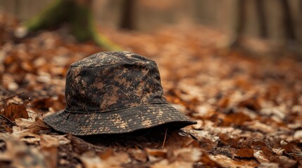 A camouflage patterned hat rests on the forest floor