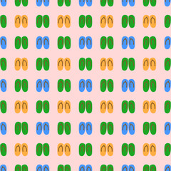 Title:  Colorful Flip Flops Seamless Pattern for Summer Beach Fabric, Fun Sandal Print Textile for Vacation Wear, Pink Background with Blue, Green, and Orange Slippers, Playful Footwear Design