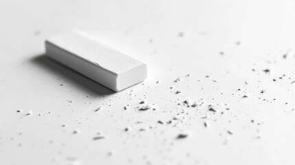 A high-resolution close-up of a classic white eraser resting on a clean sheet of paper, with tiny eraser shavings scattered around, highlighting its smooth texture and functionality.