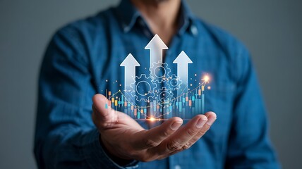 Process to increase productivity concept. Businessman holding productivity icon with growth graph for industrial management in efficiency and efficient process. Lean cost and productivity growth.