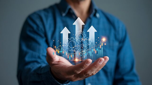 Process to increase productivity concept. Businessman holding productivity icon with growth graph for industrial management in efficiency and efficient process. Lean cost and productivity growth.