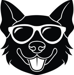 head of dog, angry dog illustration, vector illustration of a dog, sitting dog silhouette icon, black and white dog, dog head vector, funny sunglass wearing dog on white background.
