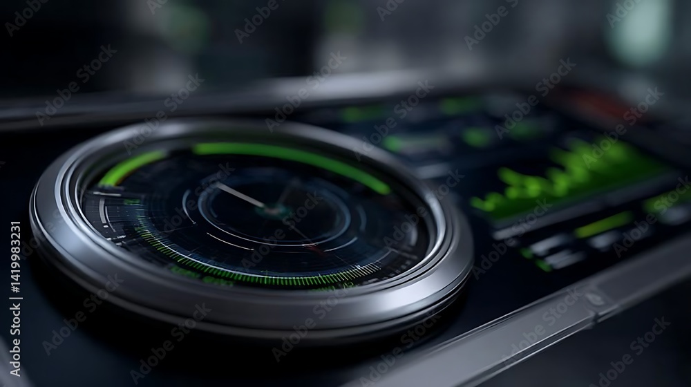 Poster advanced dashboard display with circular gauge and data visualization interface technology.