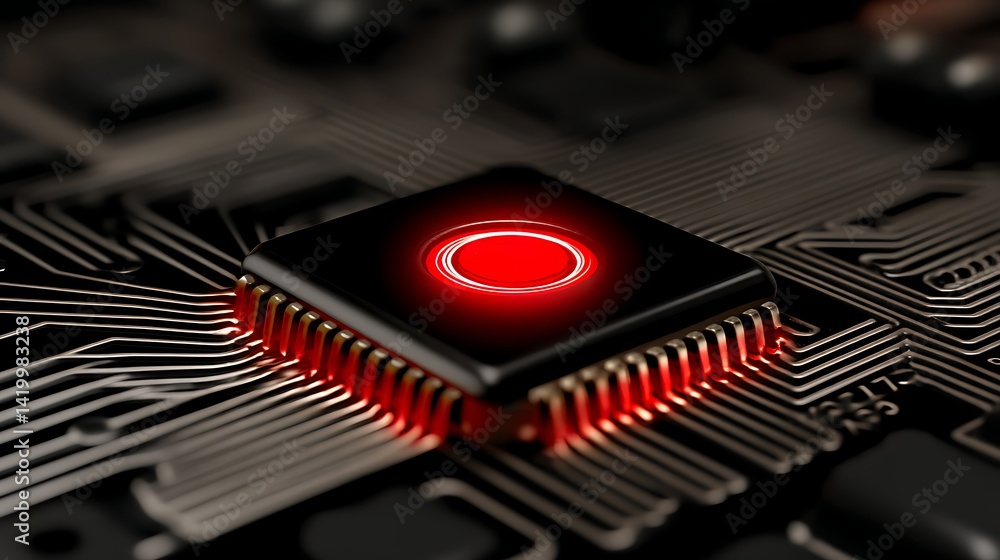 Poster advanced electronic circuit microchip processor on motherboard with red glow high tech system.