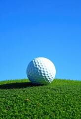 A pristine golf ball sits on a vibrant green, poised against a clear blue sky, amateur, detail, grass