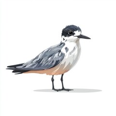 Obraz premium Illustration of a small grey and white bird with a black cap on a white background.