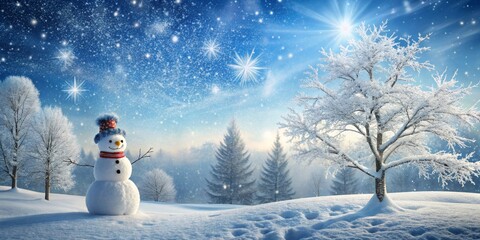 Obraz premium A cheerful snowman stands in a winter wonderland, adorned with a hat and scarf, amidst snow-covered trees and a bright, sunlit sky, snowflakes gently falling.