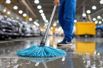 Janitor mopping floor in car showroom, improving presentation to buyers/public