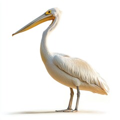 A majestic white pelican stands against a bright white background, showcasing its large beak and detailed plumage.