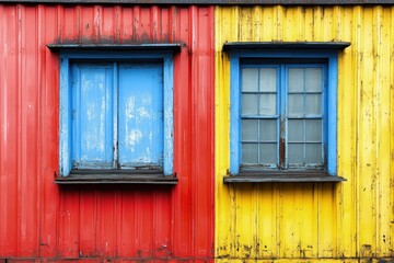 Fototapeta premium Two windows on a building with red and yellow painted walls.
