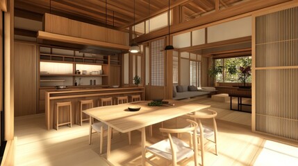 Modern wooden interior with dining area and natural light