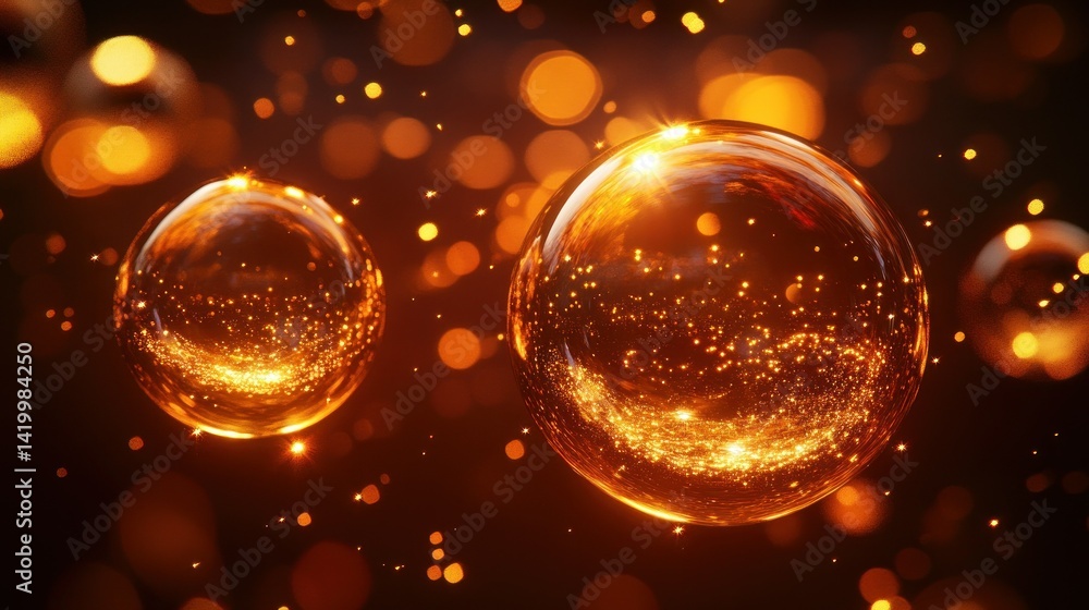 Poster glowing spheres float with shimmering lights in a dark space