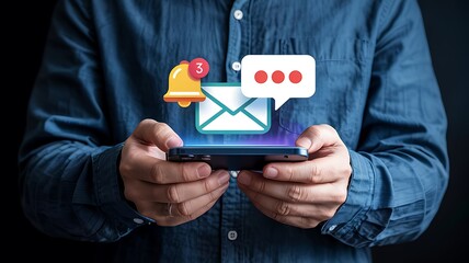 Alert notification concept. Push Notifications, Web Reminders, Time Table and Announcements. Person using smartphone with notification icon on virtual screen.