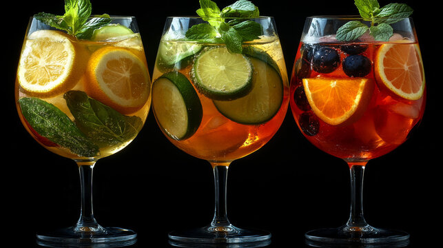 Summer sangria cocktails filled with citrus and Spanish wine, presented against a dark backdrop