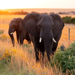 Fototapeta premium African Elephant Strolling at Golden Hour With a Companion in a Sunny Savanna Landscape.