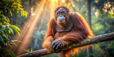 Obraz premium Golden Hour Orangutan Majestic primate perched on a branch, bathed in the warm glow of the setting sun, a serene and captivating scene in a lush natural habitat.