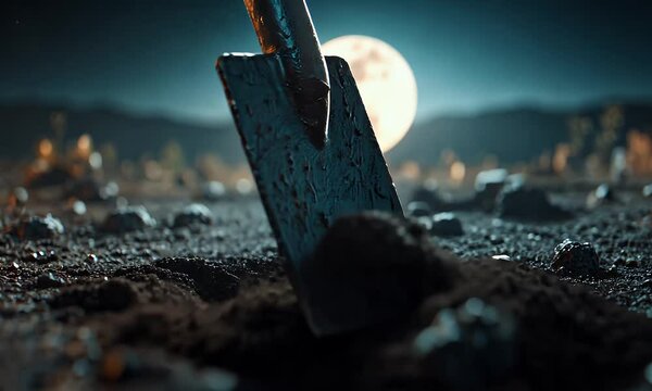A spade pierces dark earth under a full moon, evoking mystery