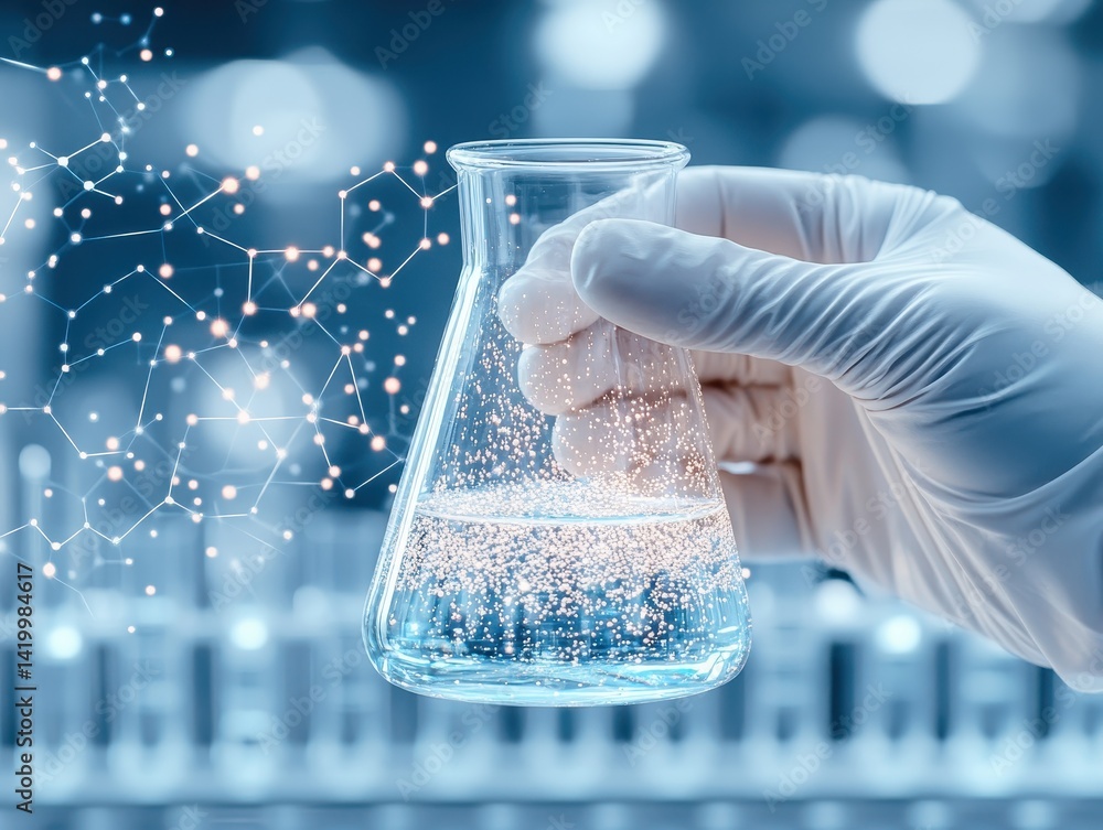 Poster scientist holding flask in lab