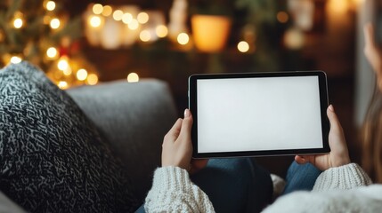 Hipster girl using tablet technology in home atmosphere, girl person holding computer with blank screen on background bokeh, female hands texting on relax holiday, mockup templates gadget