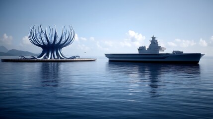 Obraz premium Aircraft Carrier Group and Abstract Structure on Water Surface Under Bright Sky Atmospheric Display