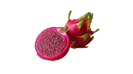 Exotic Dragon Fruit: Discover the vibrant allure of a freshly cut dragon fruit, a tropical delight with its vivid pink skin and succulent, speckled interior. A visual feast for the senses.