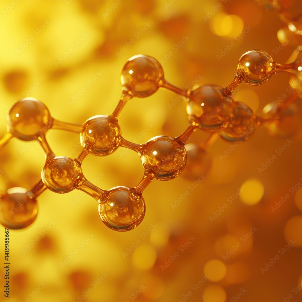 Poster abstract molecular structure with glowing yellow background, representing science and chemistry conc