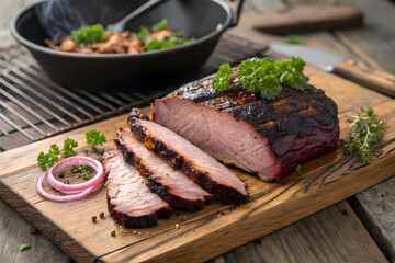 Barbecue Brisket with Parsley and Red Onion Garnish 
