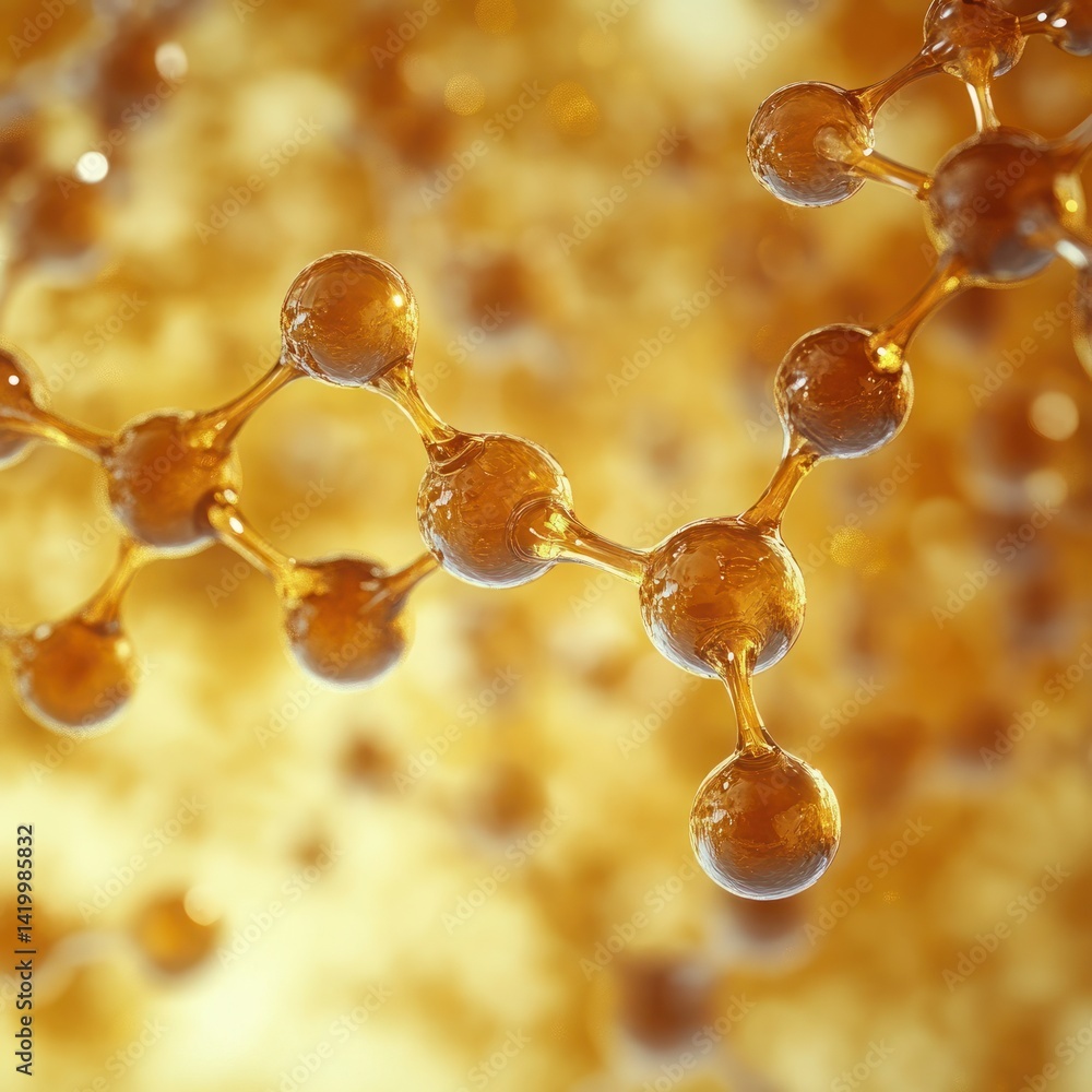 Poster close-up view of abstract molecular structure with transparent orange spheres on a soft golden backg
