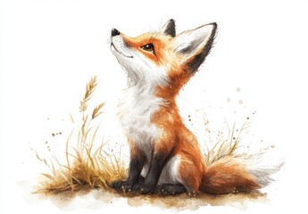 Fototapeta premium Adorable Watercolor Fox Illustration with Brown Shades and Nature Background Elements