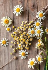 Obraz premium Dried chamomile sprigs on rustic wooden surface, surrounded by fresh chamomile flowers, calm, botany, herbal medicine