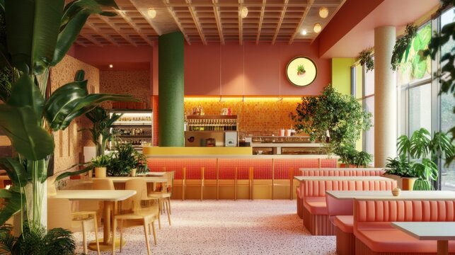 colorful restaurant interior features vibrant coral seating, lush green plants, and a lively juice bar