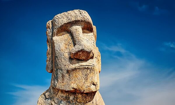 Stone monument faces right against bright blue sky with wispy clouds. Detailed stone carving on the moai statue