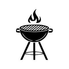 A simple black and white illustration of a classic barbecue grill with flames burning brightly.
