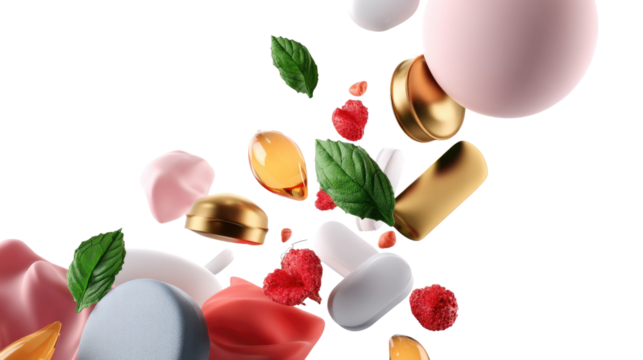 Nutrient Explosion: An artistic rendering of an array of vitamins, supplements, and natural food elements float freely, emphasizing a healthy and balanced diet. - Powered by Adobe