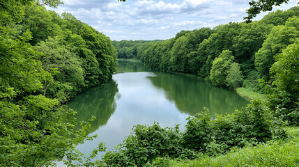 Fototapeta premium Serene Forest Landscape Overlooking a Calm Lake