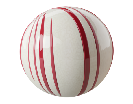 3D render of a white cricket ball with red stripes, on a transparent background.